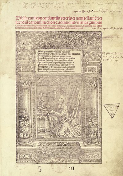 Sv. Jeroným ve svém studiu, titulní strana Bible, tisk J. Marion, Lyon, 1521 od French School