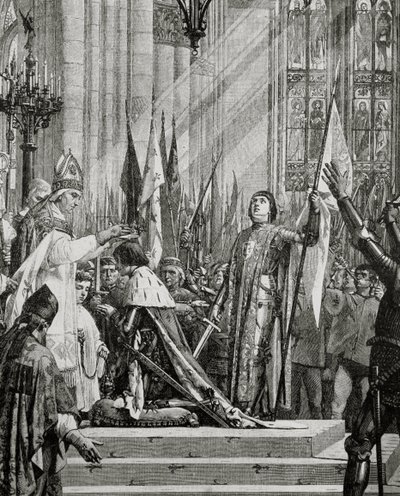Svatá Johanka z Arku (1412-31) při korunovaci Karla VII. (reg. 1422-61) v roce 1429 (rytina) od French School