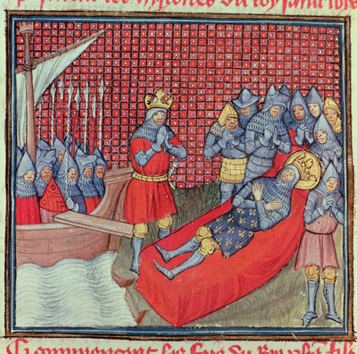 St. Louis umírá na mor 25. srpna 1270 během křížové výpravy proti Tunisu, z rukopisu „Grands Chroniques de France“ (vellum) od French School