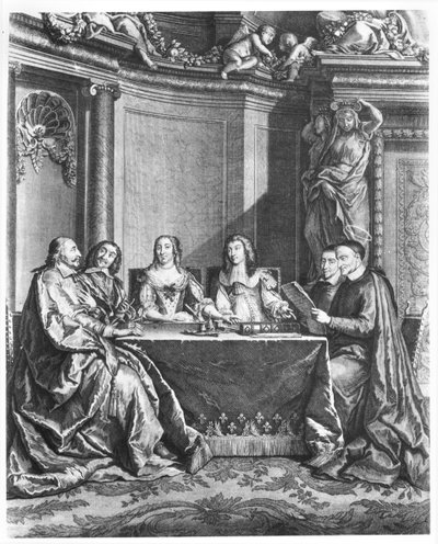 Sv. Vincent de Paul (1581-1660) a kardinál Jules Mazarin (1602-61) na Conseil de Conseil de Conscience of Louis XIV (1638-1715) vyrytý Gerardem Scotinem (1643-1715) kolem roku 1660 od French School