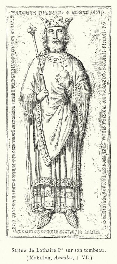 Socha Lothaira I na jeho hrobce (rytina) od French School