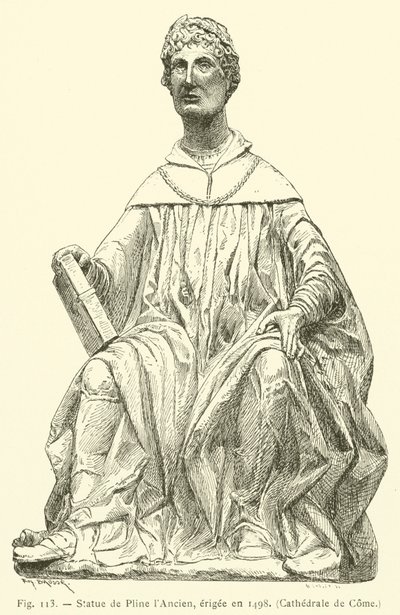 Socha Plinia staršího, postavená v roce 1498, Cathedral of Come (rytina) od French School