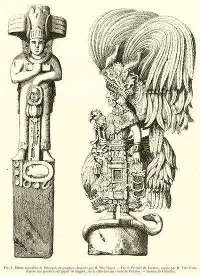 Monolitová socha Palenque, v porfyru; Divinity of Yucatan (rytina) od French School