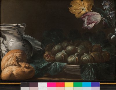 Zátiší s talířem fíků, džbánem, květinami a chlebem, 1740-50 od French School