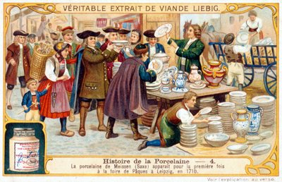 Příběh porcelánu č. 4: Míšeňský porcelán (Sasko) se poprvé objevil na velikonočním veletrhu v Lipsku v roce 1710. Liebigova chromolitografie od French School