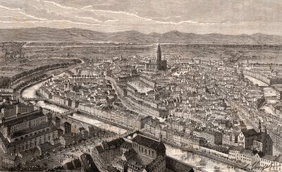 Štrasburk - Bas-Rhin, v Alsasku - rytina v „La France illustrée: geografie, historie, statistická správa“ od V.A. Malt-Brown. 1884 od French School