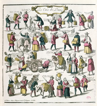 Pouliční prodavači v Paříži, konec 17. století (barevná rytina) od French School