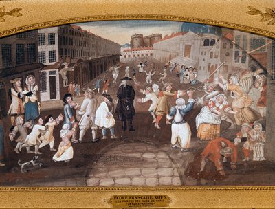 Pouliční baviči v Rue St Antoine v Paříži (malba od French School