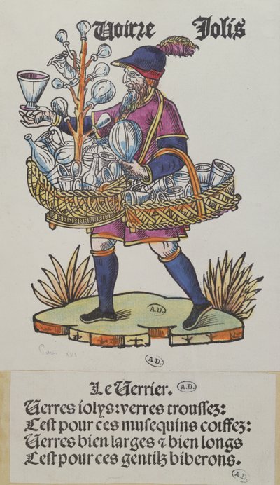 Pouliční prodavač skla, z Cris de Paris, kolem 1515 (barevná dřevorytina) od French School