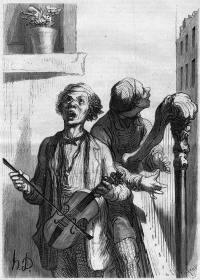 Pouliční zpěváci. Kreslený film Honore Daumier (1808-1879). Rytina v „“ Le Monde Illustré““ č. 297 z 20. prosince 1862. od French School