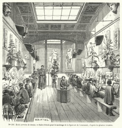 Studenti ve třídě na bezplatné škole kreslení, Francie (rytina) od French School