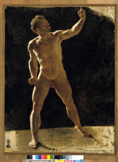 Studie nahého muže zvedajícího pěst. Anonymní malování. Musee Granet, Aix en Provence od French School