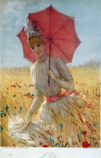 Léto: mladá žena s deštníkem v pšeničném poli - kresba, konec 19. století od French School