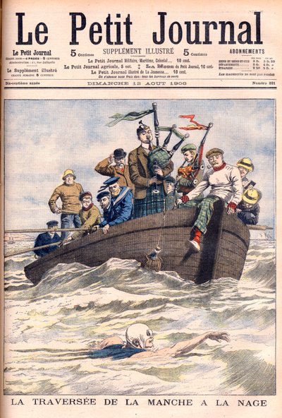 Plavání kanálu La Manche. Angličan Jabez Wolffe provedl první ze svých 22 neúspěšných pokusů o přeplavání kanálu La Manche. La traversee de la manche a la swim od Jabez Wolffe (1877-1943) - ilustrace pro Le petit Journal od French School