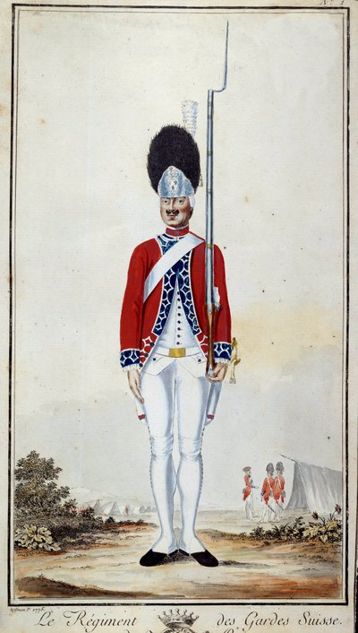 SwissGuard. Deska 16 v „Kompendiu vojenských uniforem francouzských jednotek za Ludvíka XVI.““ Litografie z roku 1779. Rozměr 0,23x0,16m. Paříž, Armádní muzeum od French School