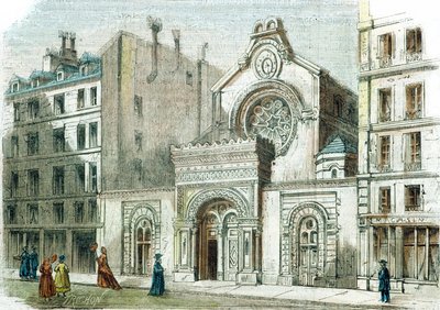 Synagoga na Rue de la Victoire, Paříž, kolem roku 1880 (barevná rytina) od French School