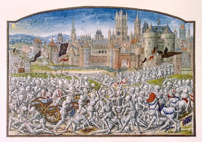 T.2 fol.287 Vítězství obyvatel Gentu vedených Philippem van Arteveldem před Bruggami v roce 1381, z Froissarts Chronicle, 1472 od French School