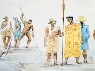 Tahitští náčelníci nastupují do Coquille, design Jules-Louis Lejeune, založený na Cestě kolem světa od French School