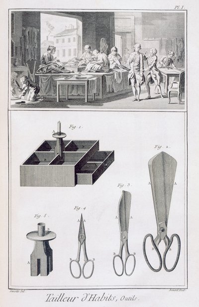 Krejčí, z Encyclopedie des Sciences et Metiers od Denise Diderota (1713-84), vydané kolem roku 1770 od French School