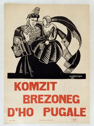 Mluvte bretonsky se svými dětmi - plakát propagandy v bretonštině povzbuzující Bretonce, aby si zachovali svůj regionální jazyk od French School