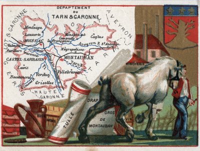 Tarn et Garonne (Tarn-et-Garonne, 82), Midi-Pyrenees (Midi Pyrenees), Francie. Místní specialita: olej, škrob, tyl, velkoobchod Montauban, mlýn na víno a mouku. Seriál o francouzských departementech. Chromolitografie (Chromo) „“geografické vlákno“, cir od French School