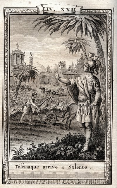 Teemaque se vrací do Salente (Salento) - rytina z roku 1798 od Monneta v „Les Aventures de Telemaque, fils d