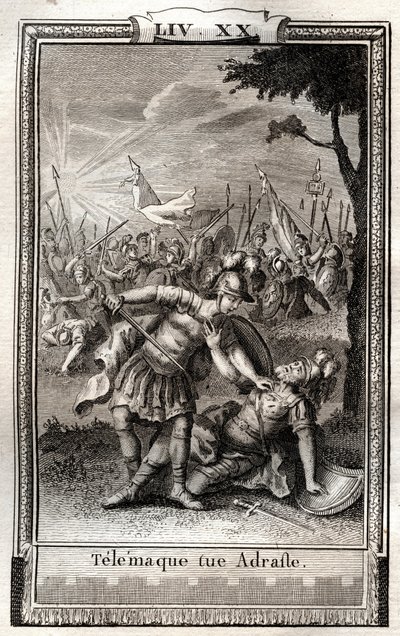 Telemaque zabíjí Adraste - rytina z roku 1798 od Monneta v „Les Aventures de Telemaque, fils d