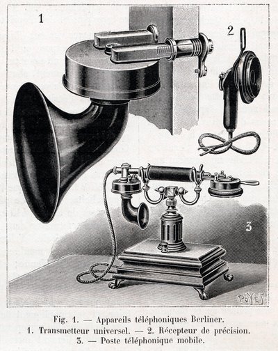 Telefonní přístroj – Berliner System – rytina „“La nature““ z roku 1902 od French School