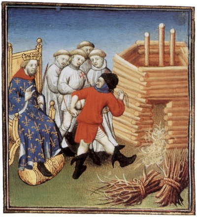 Templáři budou popraveni pod dohledem francouzského krále Filipa IV le Bel v roce 1310, iluminace od French School