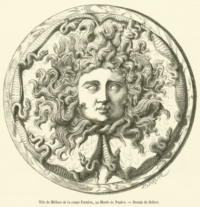 Hlava Medúzy z Farnese Cupu v neapolském muzeu (rytina) od French School