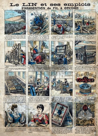 Textil, len. Kroky šití, výroby, použití a marketingu lnu k výrobě šicích nití. Rytina. Epinal imaging koncem 19. století. od French School