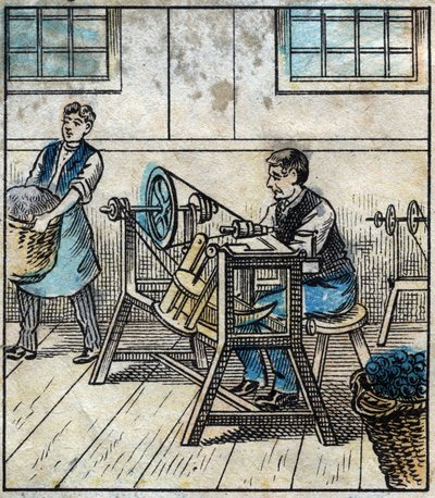 Textil, len: dílna. Šicí nit je rozložena na kartičkách nebo rolích v klubíčku. Rytina. Epinal imaging koncem 19. století. od French School