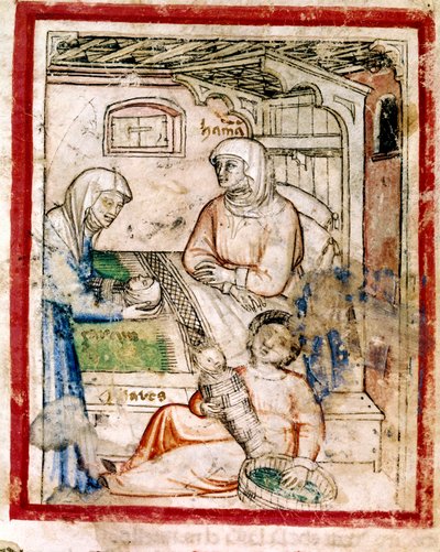 Thamar (Tamar) porodí dvě dvojčata, Perets a Zerah, syna Judova, miniaturu z kodexu 212 (nebo padovanského kodexu nebo Bible z Padovy) 1390-1400 od French School