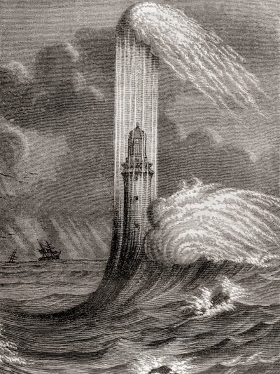 Eddystonský maják z 18. století, postavený Johnem Rudyardem, Eddystone Rocks, poblíž Rame Head, Anglie, z „Les Merveilles de la Science“, vydáno kolem roku 1870 (rytina) od French School