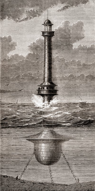 Plovoucí maják z 19. století umístěný u vjezdu do přístavu Liverpool, Anglie, z „Les Merveilles de la Science“, publikovaný kolem roku 1870 (rytina) od French School