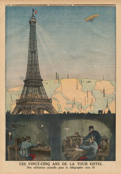 25. výročí Eiffelovy věže používané nyní pro bezdrátovou telegrafii, ilustrace na zadní straně obálky z 