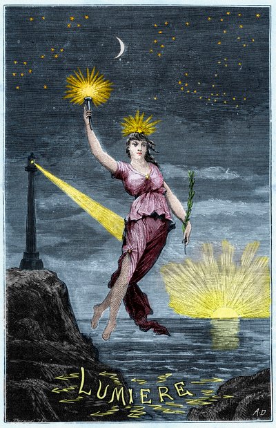 Alegorie světla – Allegorie de la Lumiere – rytina „Vědy dostupné všem – fyzika a chemie“ od Alexise Clerca – konec 19. století – soukromá sbírka od French School