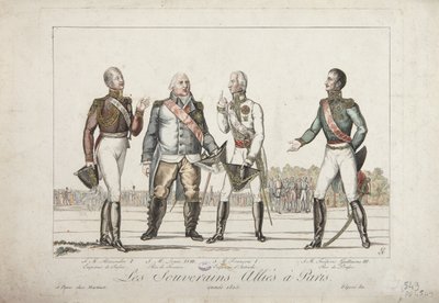 Spojenečtí panovníci v Paříži, 1815, Alexandr I., ruský císař, Ludvík XVIII., francouzský král, František I., rakouský císař a Fridrich Vilém III., pruský král, vydal Martinet, 1815 od French School
