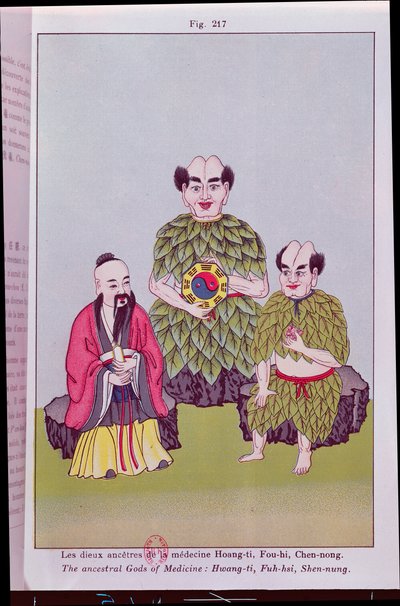 Předkové bohové medicíny: Hwang-ti, Fuh-hsi drží Tai-ki, Shen-nung ochutnávající léčivou rostlinu, ilustrace podle oblíbených čínských obrázků (barevná rytina) od French School