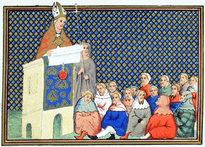 Arcibiskup z Canterbury káže anglické šlechtě proti Richardovi II., faksimile kopie z Le Prinse et Mort du Roy Richart od Jeana Cretona, přetištěno 19. od French School