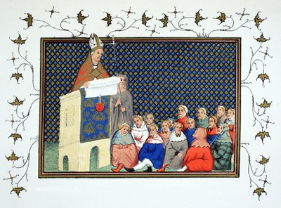 Arcibiskup z Canterbury káže anglické šlechtě proti Richardovi II., faksimile kopie z Le Prinse et Mort du Roy Richart od Jeana Cretona, přetištěno 19. od French School