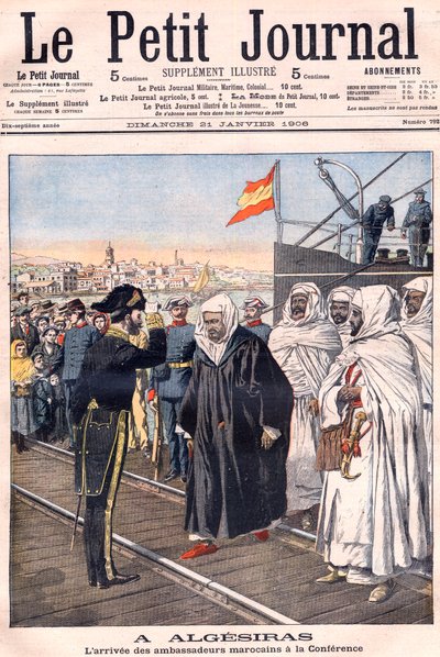 Příjezd marockých velvyslanců, včetně Sidi-Mohammeda Torrese na konferenci v Algeciras, z „Le Petit Journal“, leden 1906 – Mezinárodní konference evropských mocností a Spojených států se konala k projednání vztahu Francie s Marokem od French School