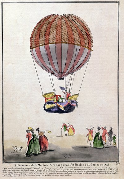 Výstup na Aerostat v Jardin des Tuileries, 1. prosince 1783 (pero, inkoust a wc na papíře) od French School