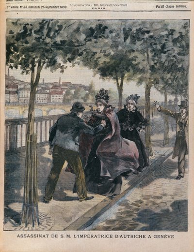 Atentát na rakouskou císařovnu Alžbětu (1837-98) v Ženevě, obálka LAnnee Illustree, 25. září 1898 (barevná rytina) od French School