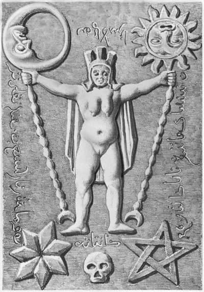 Baphomet templářů, kopie kamenné rakve nalezené v Essarois (Burgundsko) od French School