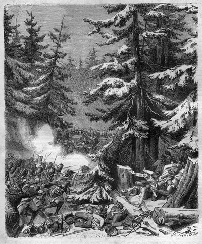 Bitva u Hohenlindenu (poblíž Mnichova, Německo) 12. Frimaire, IX (3. prosince 1800) mezi francouzskými jednotkami generála Jeana Victora (Jean-Victor) Moreau a rakouskými a bavorskými silami, kterým velel arcivévoda Jean-Baptiste (Jean-Baptiste ) Rakouska. od French School