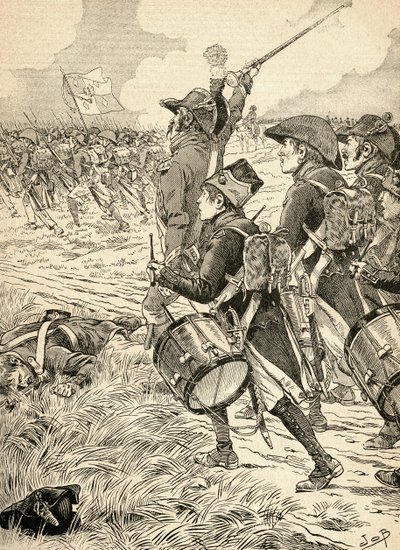 Bitva u Marenga, Itálie v roce 1800, bojovala mezi francouzskými silami pod Napoleonem Bonapartem a Rakušany. Z Agenda Buvard du Bon Marche publikované v roce 1917. od French School