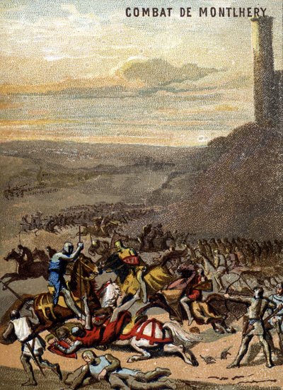 Bitva u Montlhery (1227): Království a feodalit - Blanche de Castille, regentka jeho syna Ludvíka IX., povstání velkého feudála. Chromolitografie řady „“Vlastenecká výchova obrazem““. od French School
