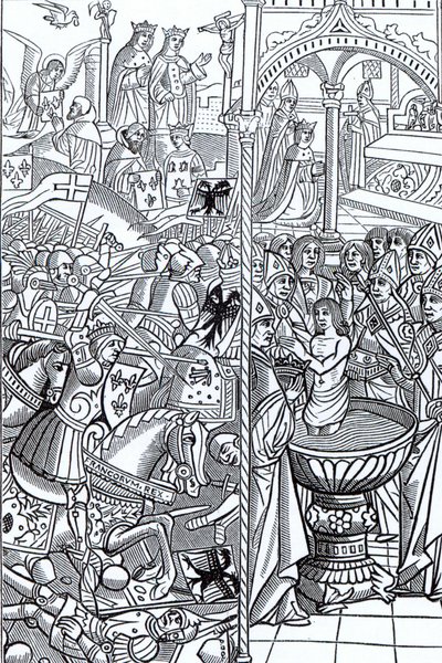Bitva u Tolbiacu a křest krále Chlodvíka, z „Mirouer Historial de France“, vydané v roce 1516 od French School