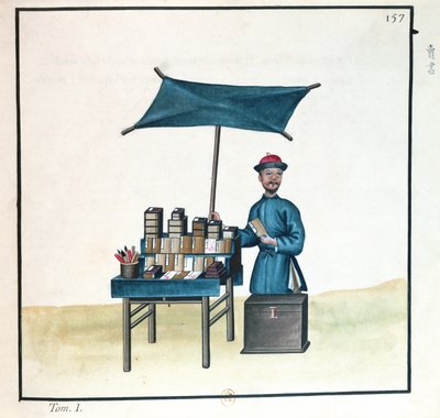 Prodavač knih, z knihy o pouličních hovorech v Pekingu, asi 1785 (čb a kvaš na papíře) od French School
